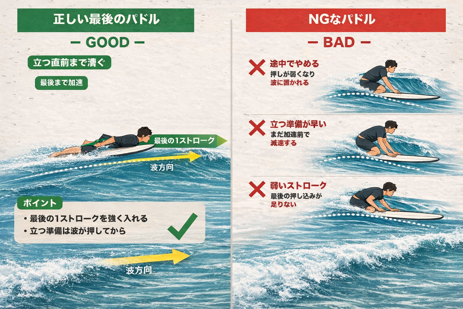 パドルで加速しきる（立つ前が勝負）