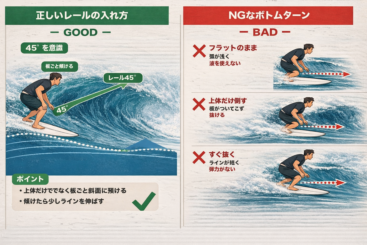 ボトムターンでレールを入れる
